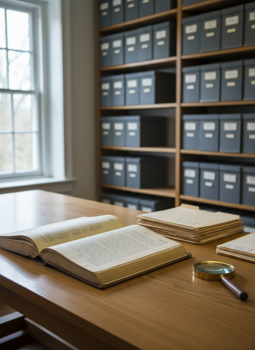An archival research desk set up in a small New England historical society reading room, captured in clean, detailed photographic realism. On a broad oak table sits an open nineteenth-century ledger with yellowed, slightly curled pages, next to a stack of labeled manila folders and a magnifying glass. Behind the table, floor-to-ceiling wooden shelves hold uniformly sized, grey archival boxes with handwritten call numbers on their spines, no readable modern logos or text. Cool, diffused daylight filters through a nearby multi-pane window, creating soft highlights on the paper textures and gentle shadows beneath the boxes. Shot from a slightly elevated angle using shallow depth of field so the ledger dominates the foreground, the atmosphere feels quiet, focused, and scholarly, perfectly suited to a dissertation on regional memory and place.